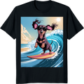 Funny dachshund dog surfing ocean waves on a t‑shirt - black