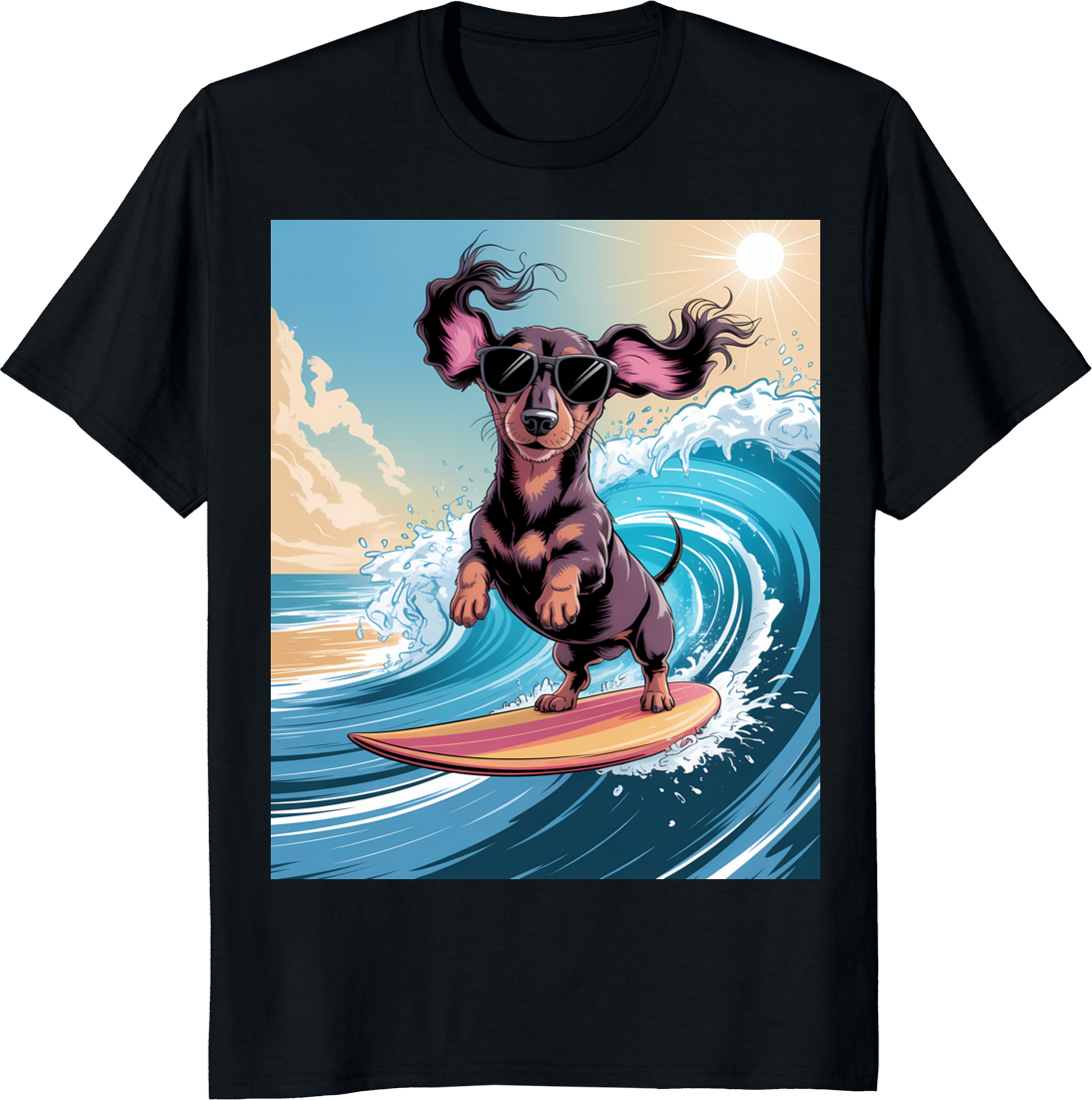 Funny dachshund dog surfing ocean waves on a t‑shirt - black