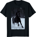 Black horse running through snowy landscape on a t-shirt print - black