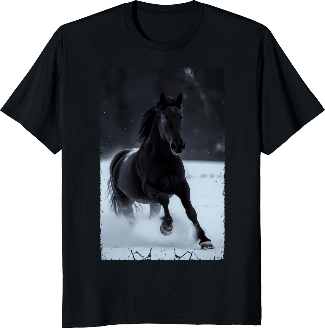 Black horse running through snowy landscape on a t-shirt print - black