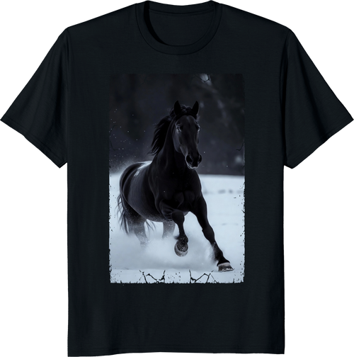 Black horse running through snowy landscape on a t-shirt print - black