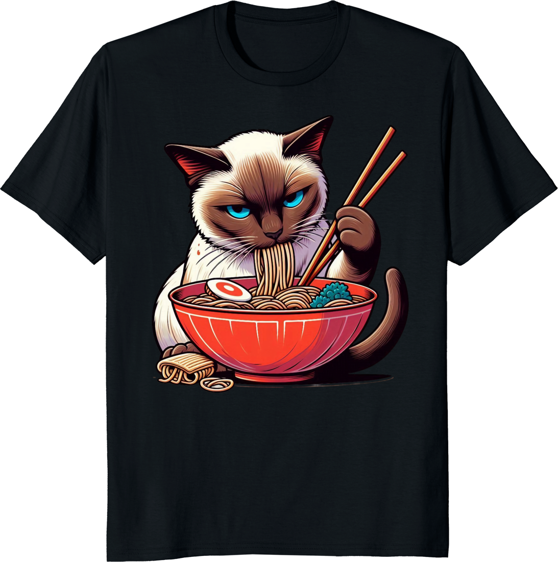 Funny cat eating ramen kawaii siamese cat anime graphic on a t-shirt - black