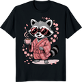 Funny raccoon in a kimono holding a coffee cup with flowers around on a t-shirt - black