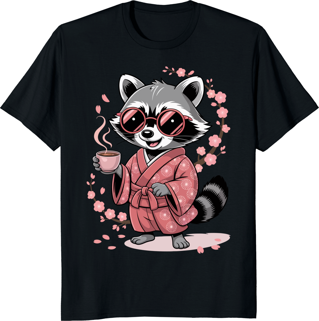 Funny raccoon in a kimono holding a coffee cup with flowers around on a t-shirt - black