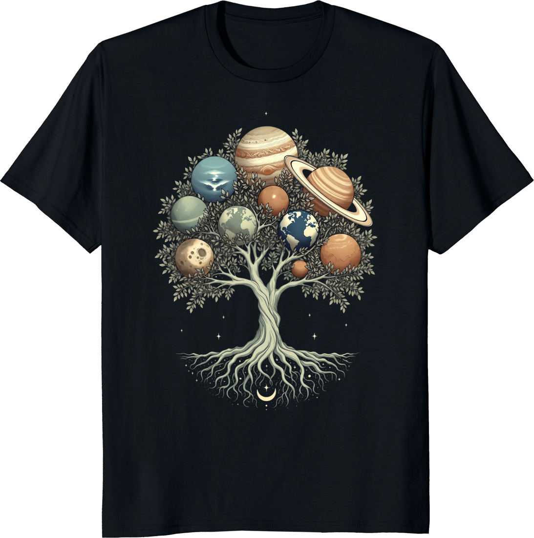 Solar System Tree of Life t-shirt featuring celestial planets design. - black