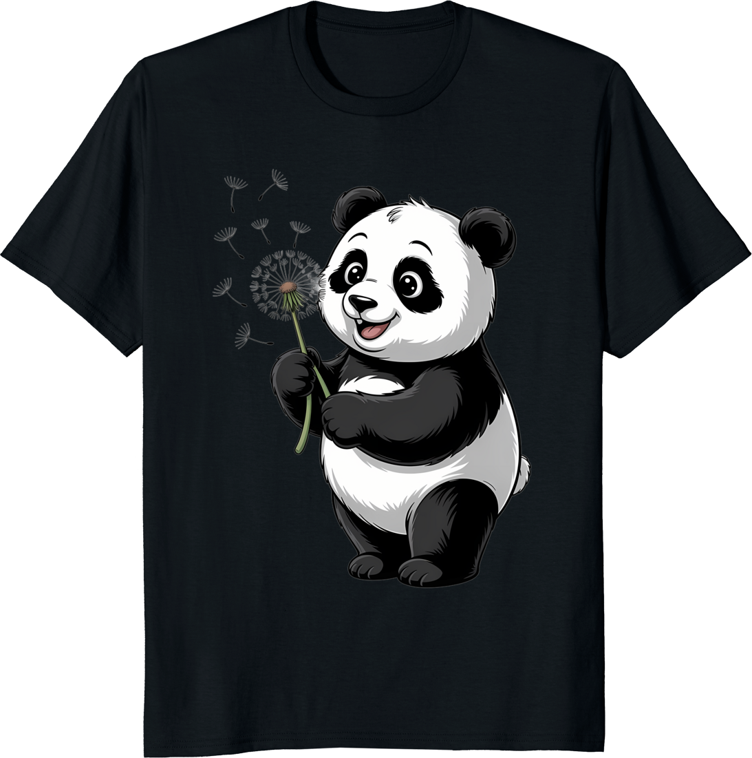 Cute panda holding a dandelion flower on a t-shirt - black