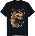 Vintage T‑rex dinosaur t‑shirt with butterflies illustration - black