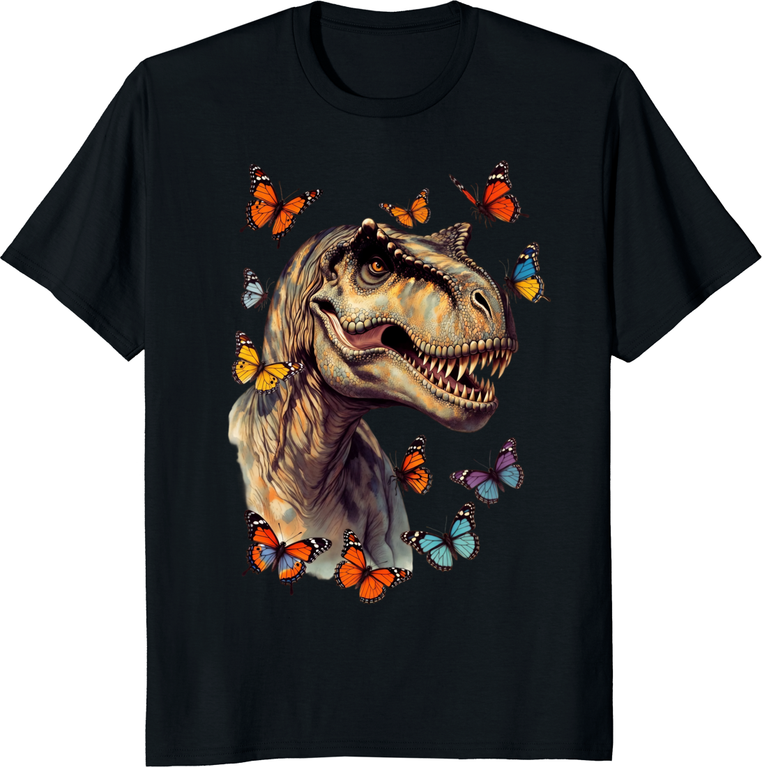 Vintage T‑rex dinosaur t‑shirt with butterflies illustration - black