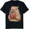 Capybara eating a strawberry on a t-shirt graphic. - black