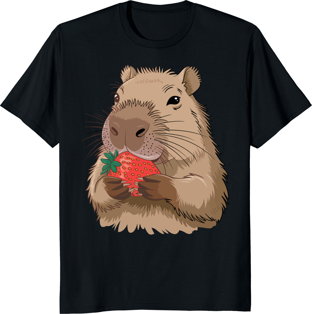 Capybara eating a strawberry on a t-shirt graphic. - black