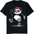 Funny panda skateboarding T-shirt with rock hand pose on a white tee - black