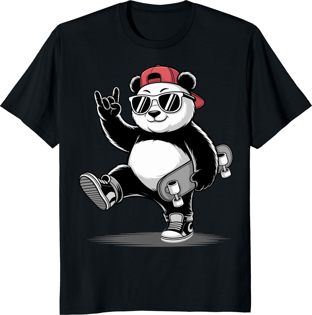 Funny panda skateboarding T-shirt with rock hand pose on a white tee - black