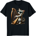 Cat wearing sunglasses playing harp on t‑shirt - black