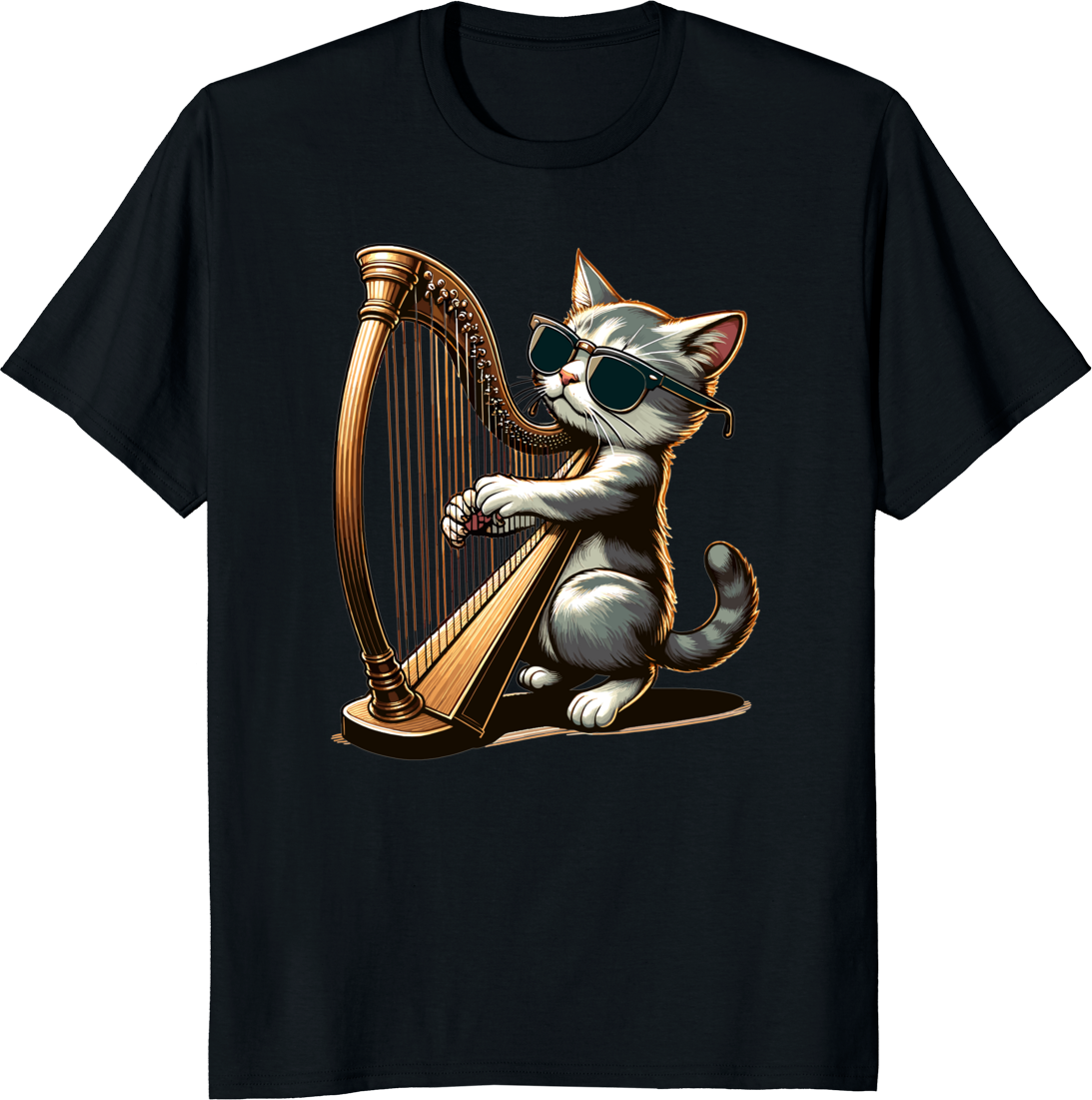 Cat wearing sunglasses playing harp on t‑shirt - black
