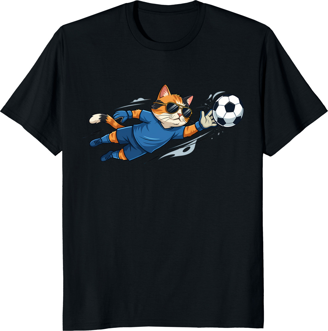 Cartoon cat wearing goalkeeper kit and sunglasses on a t-shirt - black