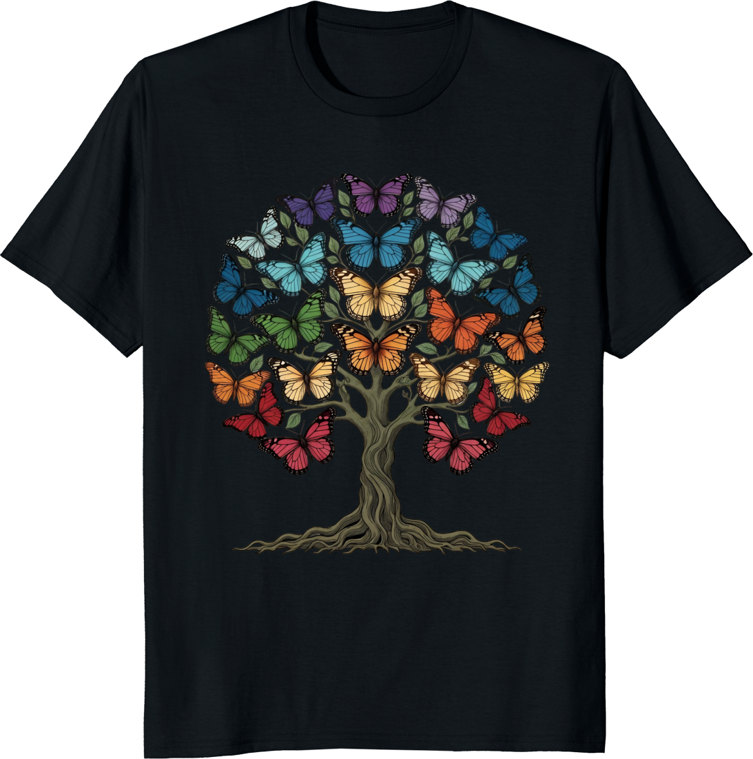 Mystical Monarch Tree with colorful butterfly wings graphic on a t-shirt - black