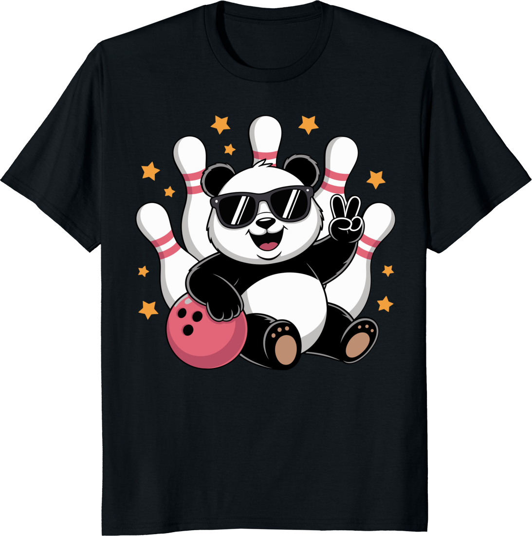 Funny panda rolling a bowling ball on a t-shirt graphic - black