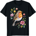 Cute robin bird with flowers graphic on a t-shirt - black