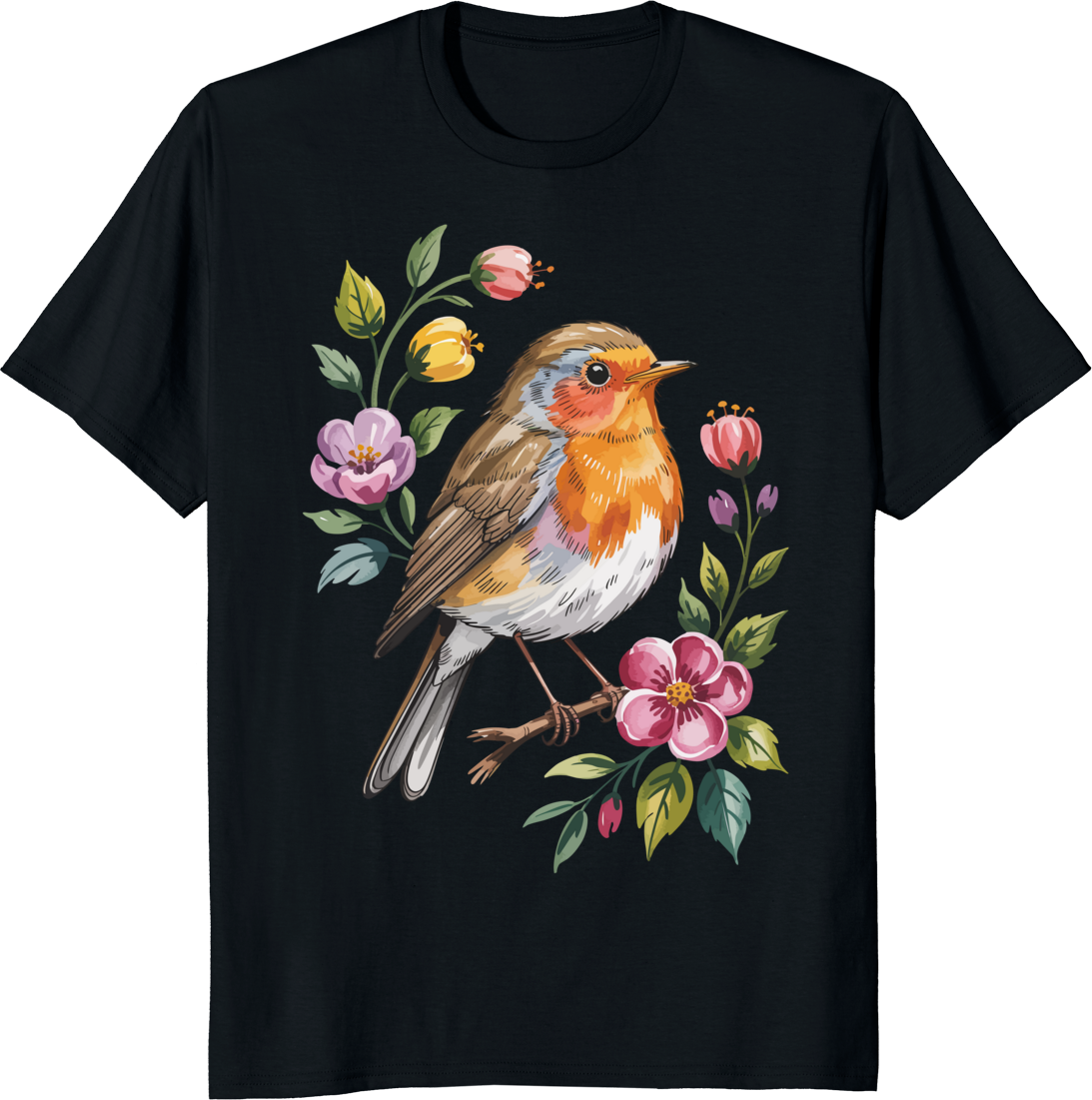 Cute robin bird with flowers graphic on a t-shirt - black