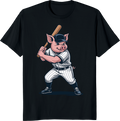 Funny pig playing baseball on a vintage style t-shirt. - black