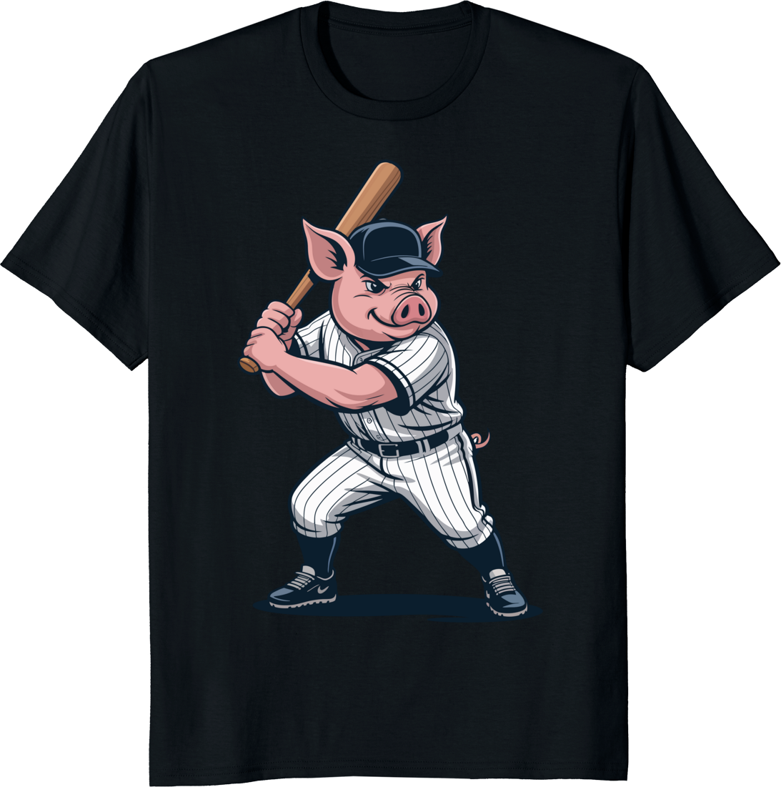 Funny pig playing baseball on a vintage style t-shirt. - black