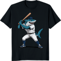 Funny shark playing bowling on a t-shirt - black
