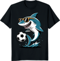 Funny shark playing soccer on a t-shirt. - black