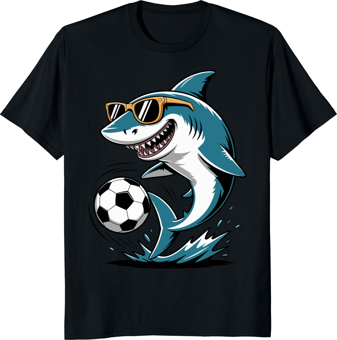 Funny shark playing soccer on a t-shirt. - black