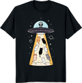 Funny UFO and cats t-shirt with whimsical flying saucer and playful feline illustration. - black