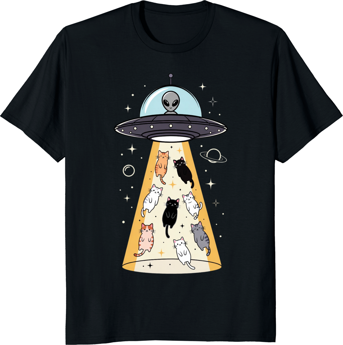 Funny UFO and cats t-shirt with whimsical flying saucer and playful feline illustration. - black