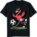 Funny flamingo playing soccer t-shirt graphic - black