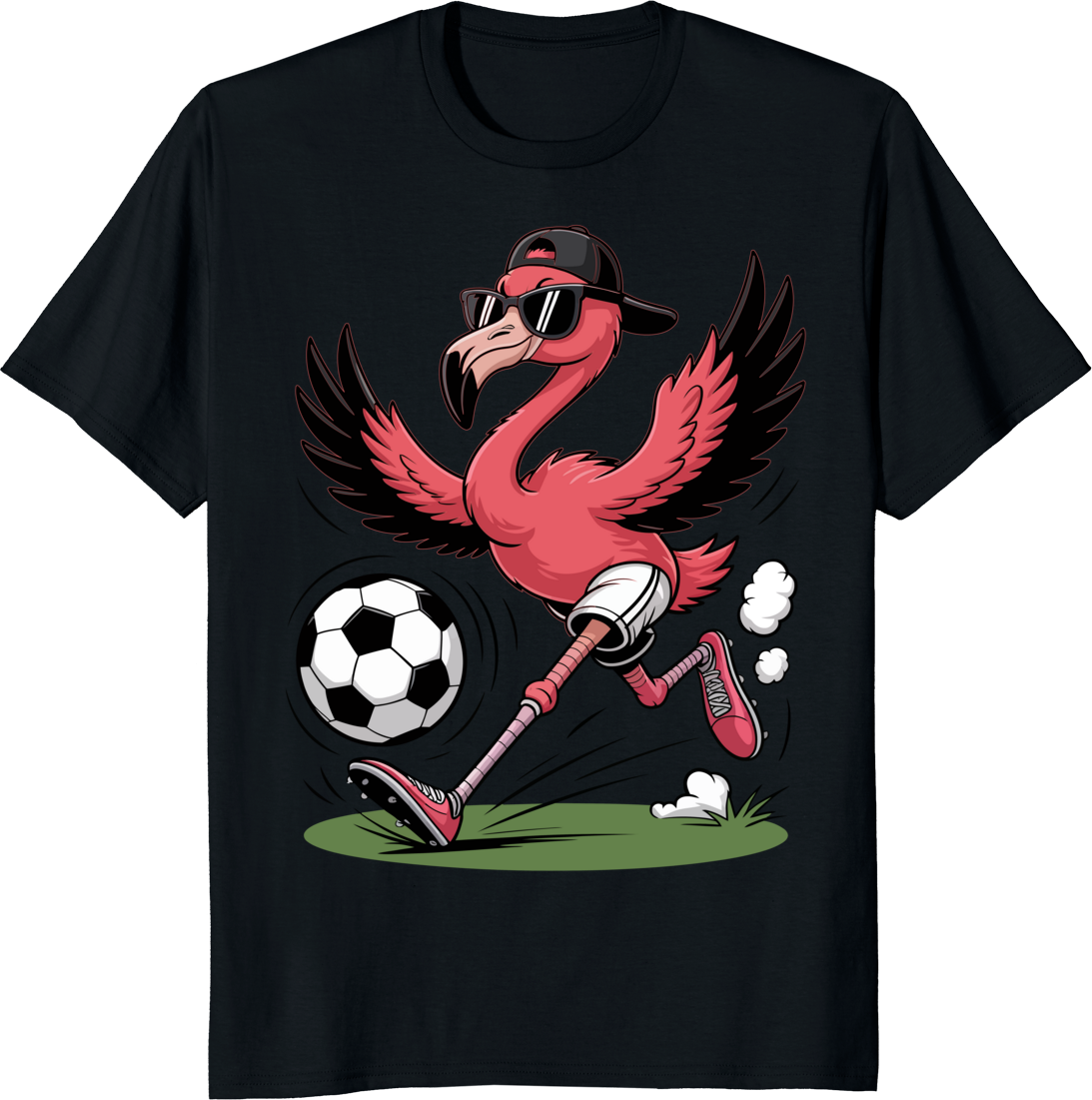Funny flamingo playing soccer t-shirt graphic - black