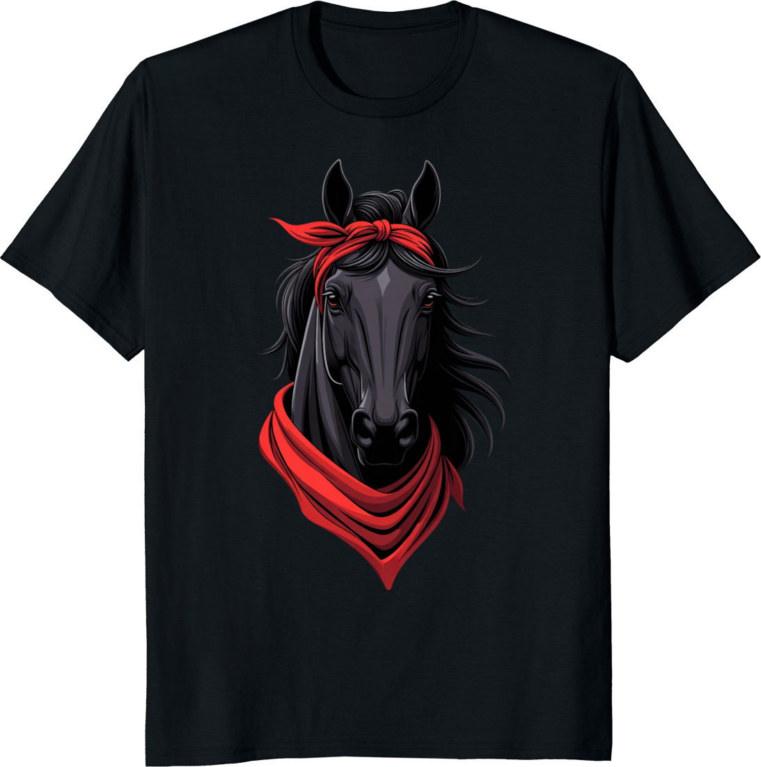 Black horse wearing a bow bandana on a t-shirt - black