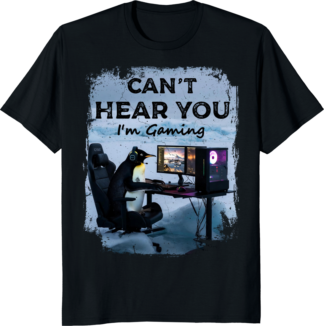 Unisex T‑shirt with a funny lone penguin gaming illustration on front. - black