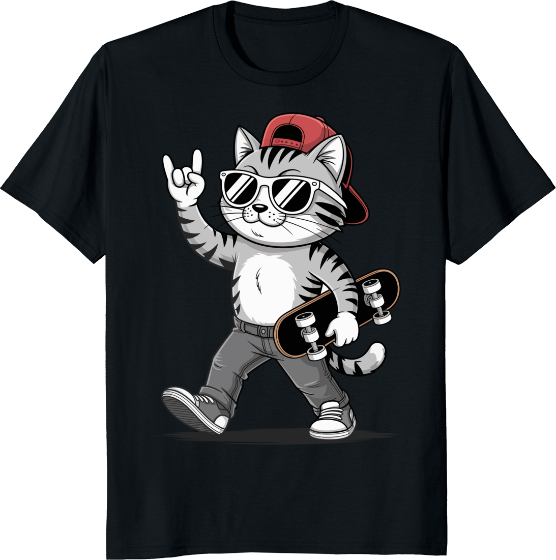 Funny cat rocking a skateboard graphic on a t-shirt - black