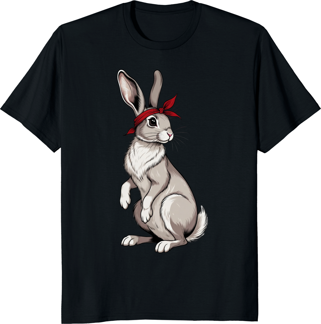 Funny rabbit wearing a red bow bandana on a t-shirt - black