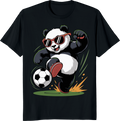 Cartoon panda dribbling a soccer ball on a white t-shirt. - black