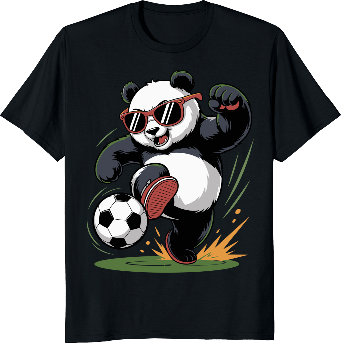 Cartoon panda dribbling a soccer ball on a white t-shirt. - black