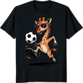 Funny giraffe playing soccer ball on a t-shirt - black