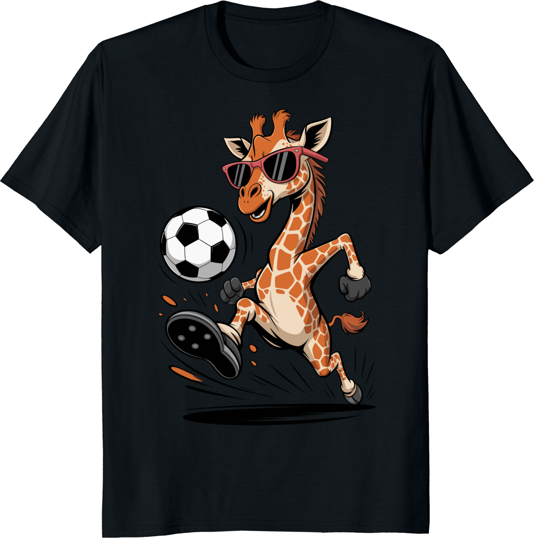 Funny giraffe playing soccer ball on a t-shirt - black