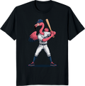 Pink flamingo baseball player t-shirt with cartoon flamingo holding bat - black