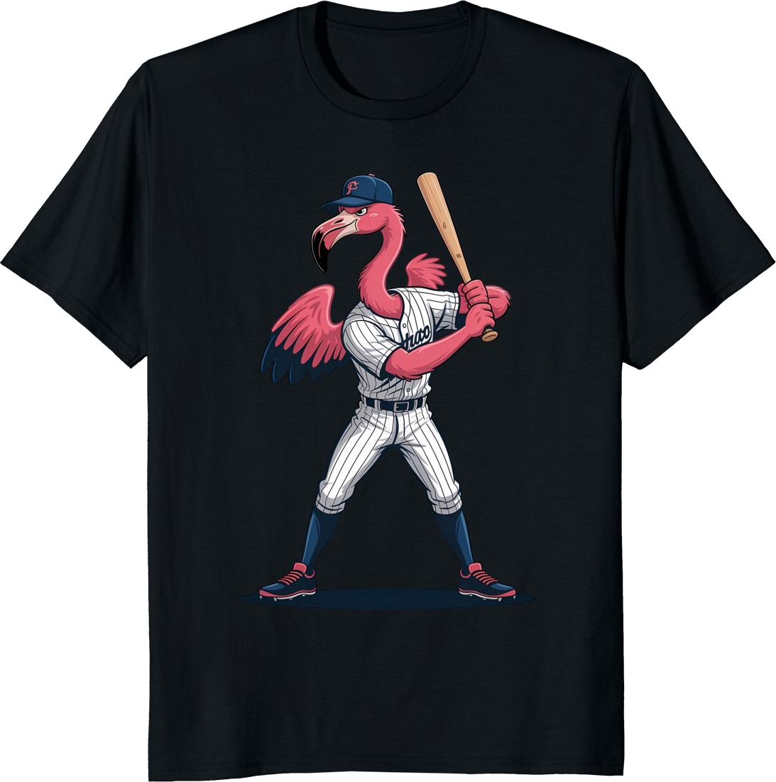 Pink flamingo baseball player t-shirt with cartoon flamingo holding bat - black