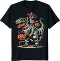 Cowboy skeleton riding a T‑Rex mummy dinosaur on a t‑shirt - black