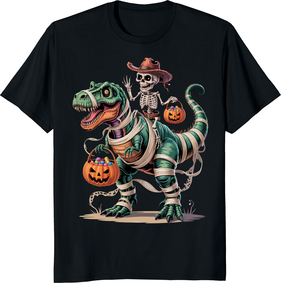 Cowboy skeleton riding a T‑Rex mummy dinosaur on a t‑shirt - black
