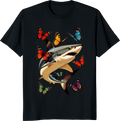Funny shark with butterflies retro graphic t-shirt - black