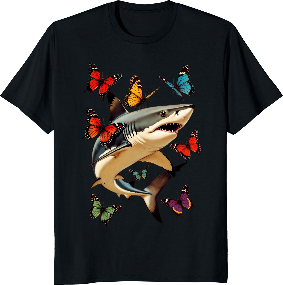 Funny shark with butterflies retro graphic t-shirt - black