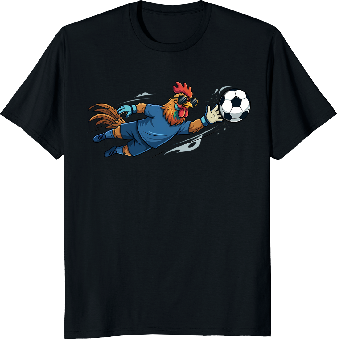 Funny rooster wearing sunglasses as a soccer goalkeeper t-shirt design. - black