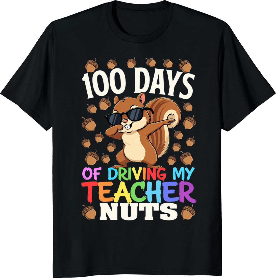 Squirrel cartoon driving a teacher with a school theme printed on a t-shirt - black