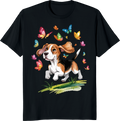 Funny beagle dog surrounded by butterflies on a t-shirt - black