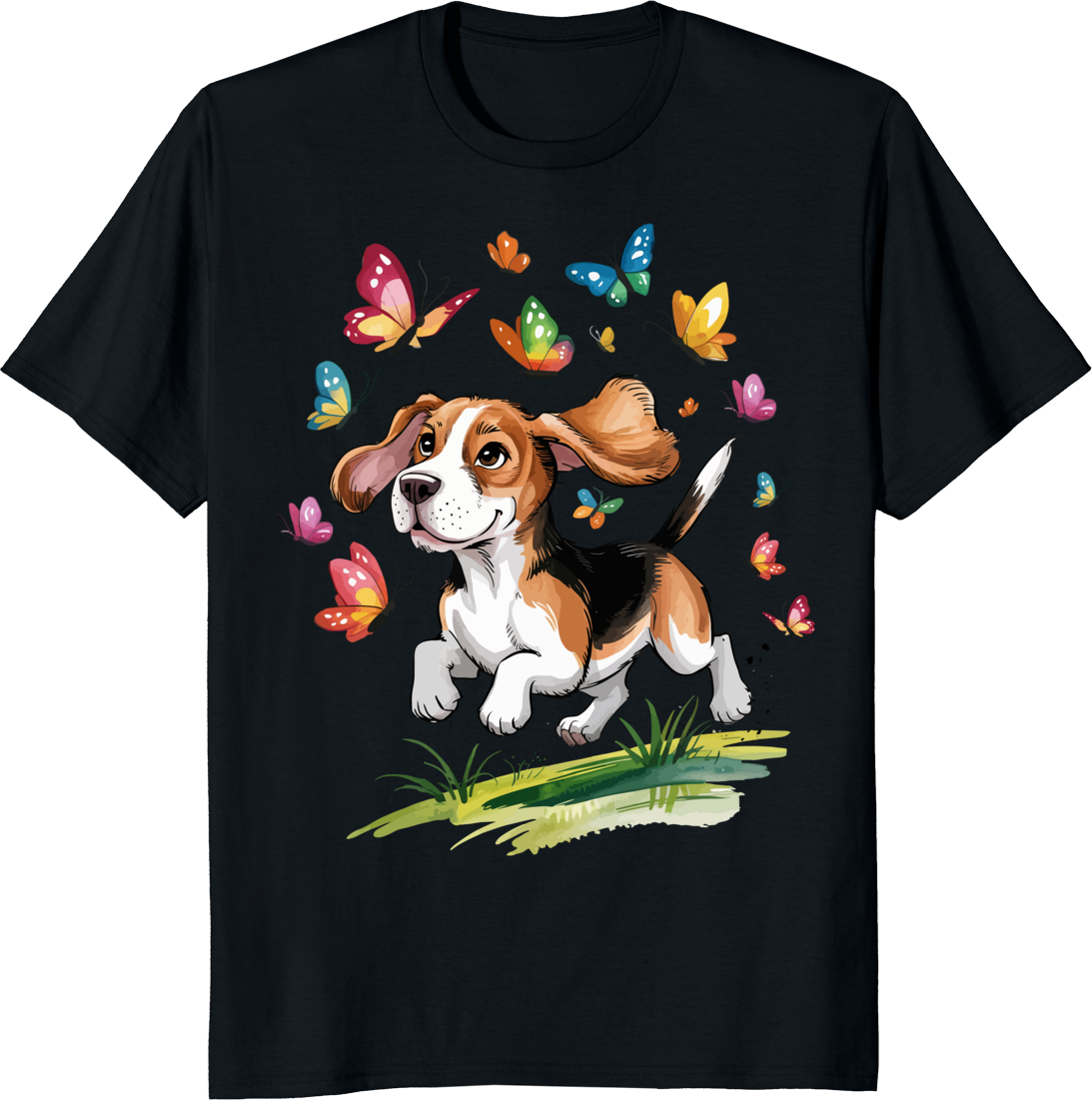 Funny beagle dog surrounded by butterflies on a t-shirt - black